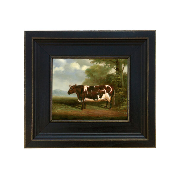 Prize Heifer Bull Framed Oil Painting Print on Canvas in Distressed Black Wood Frame. A 5