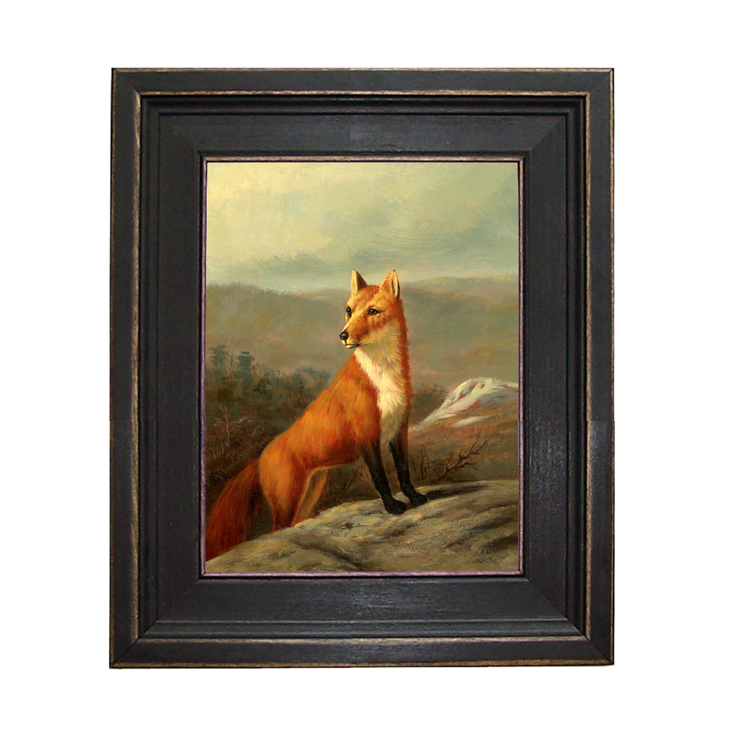 Red Fox Framed Oil Painting Print on Canvas in Distressed Black Wood Frame. An 8 x 10" framed to 11-1/2 x 13-1/2"