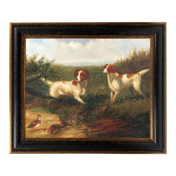 Setters on Quail Framed Oil Painting Print on Canvas in Leather-Look Black and Antiqued Gold Frame. A 16x20