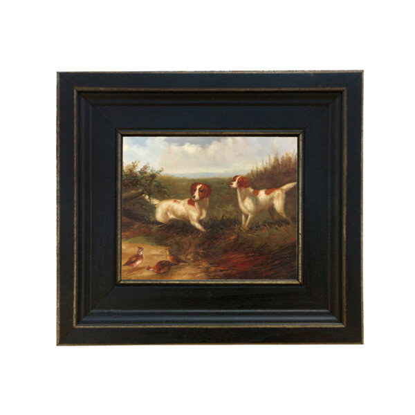 Setters on Quail Framed Oil Painting Print on Canvas in Distressed Black Wood Frame. A 5 x 6