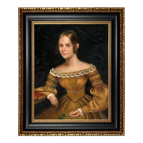 Portrait of a Woman in Yellow Dress Framed Oil Painting Print on Canvas in Black and Antiqued Gold Wood Frame. A 16