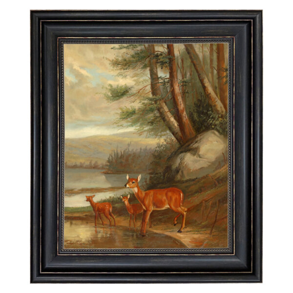 Doe with Two Fawns Framed Oil Painting Print on Canvas in Distressed Black Frame with Bead Accent. 16