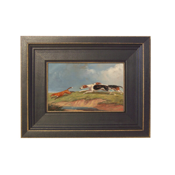 The Fox Chase By Webb Framed Oil Painting Print on Canvas in Distressed Black Wood Frame. A 4 x 6