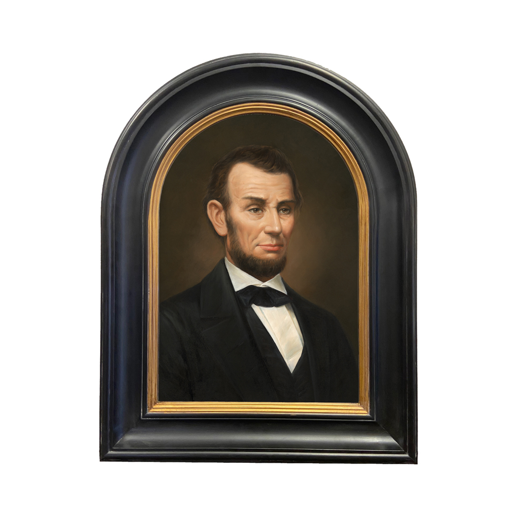 President Abraham Lincoln Framed Oil Painting Print on Canvas in Black and Gold Arched Wood Frame. A 14" x 20" framed to 20 x 26".