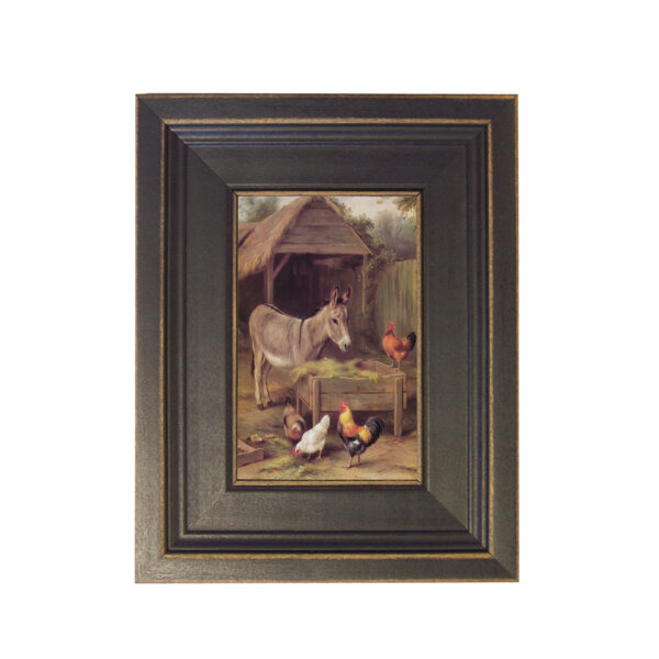 Donkey and Chickens Framed Oil Painting Print on Canvas in Distressed Black Wood Frame. A 4 x 6