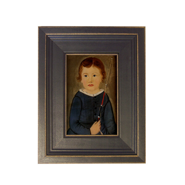 Boy with Whip Framed Oil Painting Print on Canvas in Distressed Black Wood Frame. A 4 x 6