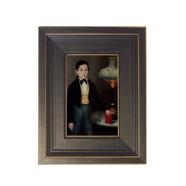 Boy with Lamp Framed Oil Painting Print on Canvas in Distressed Black Wood Frame. A 4 x 6