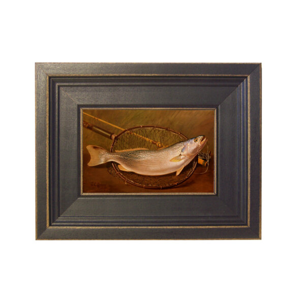Fish and Landing Net Framed Oil Painting Print on Canvas in Distressed Black Wood Frame. A 4 x 6