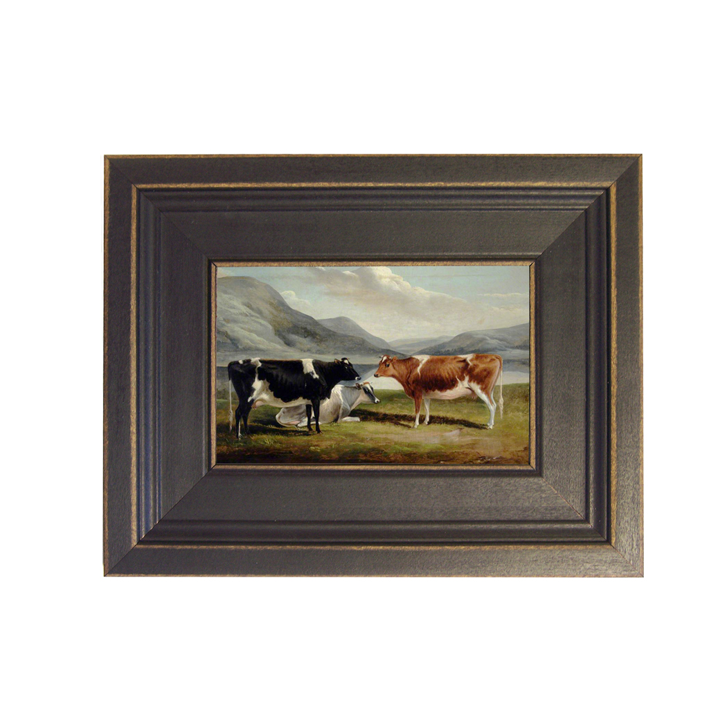 Three Cows Framed Oil Painting Print on Canvas in Distressed Black Wood Frame. A 4 x 6" framed to 7-1/2 x 9-1/2".