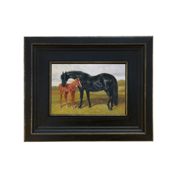 Mare and Foal in Landscape Framed Oil Painting Print on Canvas in Distressed Black Wood Frame. A 4
