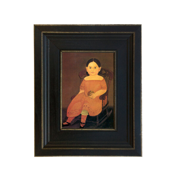 Girl on Rocker Framed Oil Painting Print on Canvas in Distressed Black Wood Frame. A 4 x 6