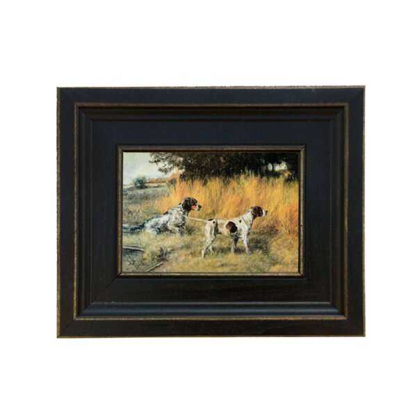 Hunting Dogs On Point Framed Oil Painting Print on Canvas in Distressed Black Wood Frame. A 4