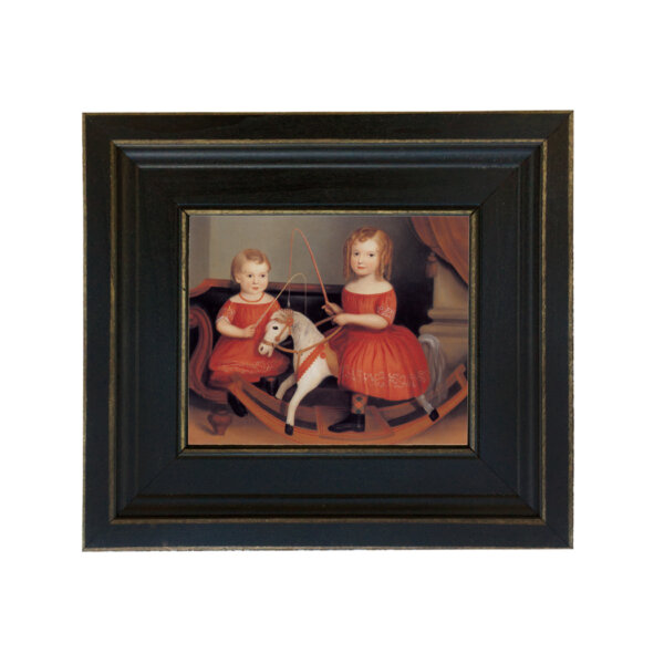 Two Children in Red Dresses Framed Oil Painting Print on Canvas in Distressed Black Wood Frame. A 5 x 6
