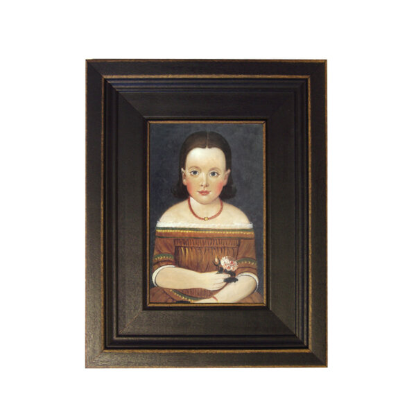 Girl in Brown Dress Framed Oil Painting Print on Canvas in Distressed Black Wood Frame. A 4 x 6