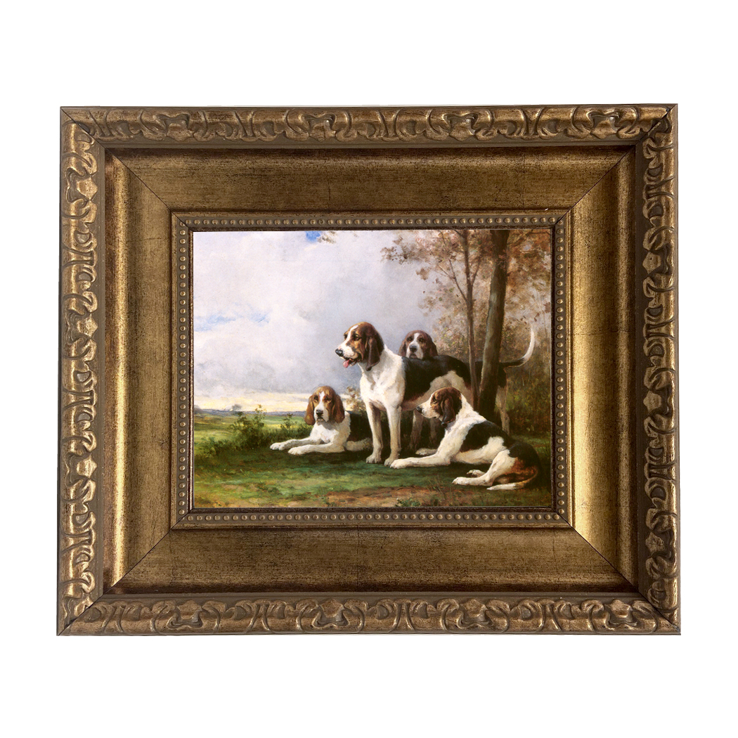 Dog's Moment Rest Oil Painting Print Reproduction on Canvas in Wide Antiqued Gold Frame. An 8" x 10" Framed to 14" x 16".