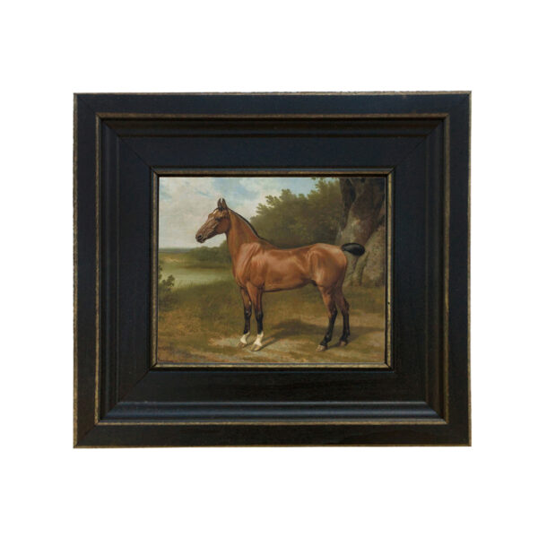 Horse in Landscape Framed Oil Painting Print on Canvas in Distressed Black Wood Frame. A 5 x 6