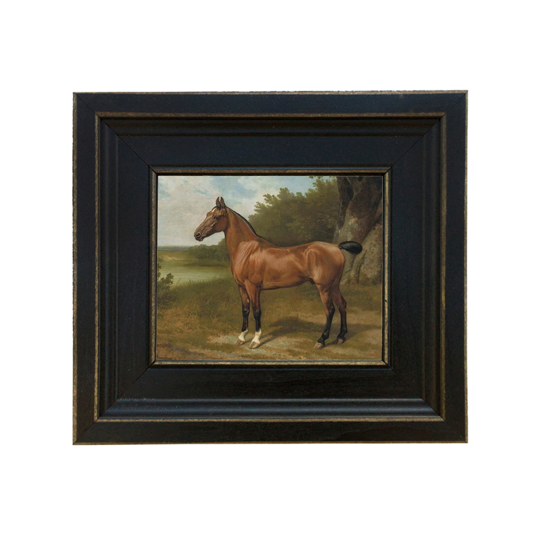 Horse in Landscape Framed Oil Painting Print on Canvas in Distressed Black Wood Frame. A 5 x 6" framed to 8-1/2 x 9-1/2".