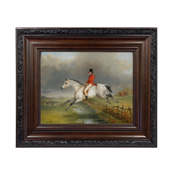Sir Arnold on Hunter by George Laporte - Reproduction Oil Painting Print on Canvas Framed in a Brown/Black Solid Oak Frame. A 8x10 framed to 12-3/4 x 14-3/4