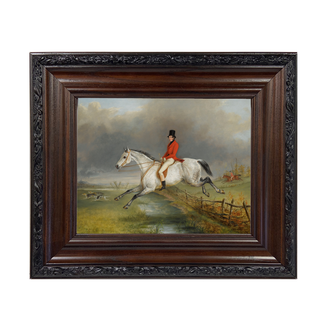 Sir Arnold on Hunter by George Laporte - Reproduction Oil Painting Print on Canvas Framed in a Brown/Black Solid Oak Frame. A 8x10 framed to 12-3/4 x 14-3/4"
