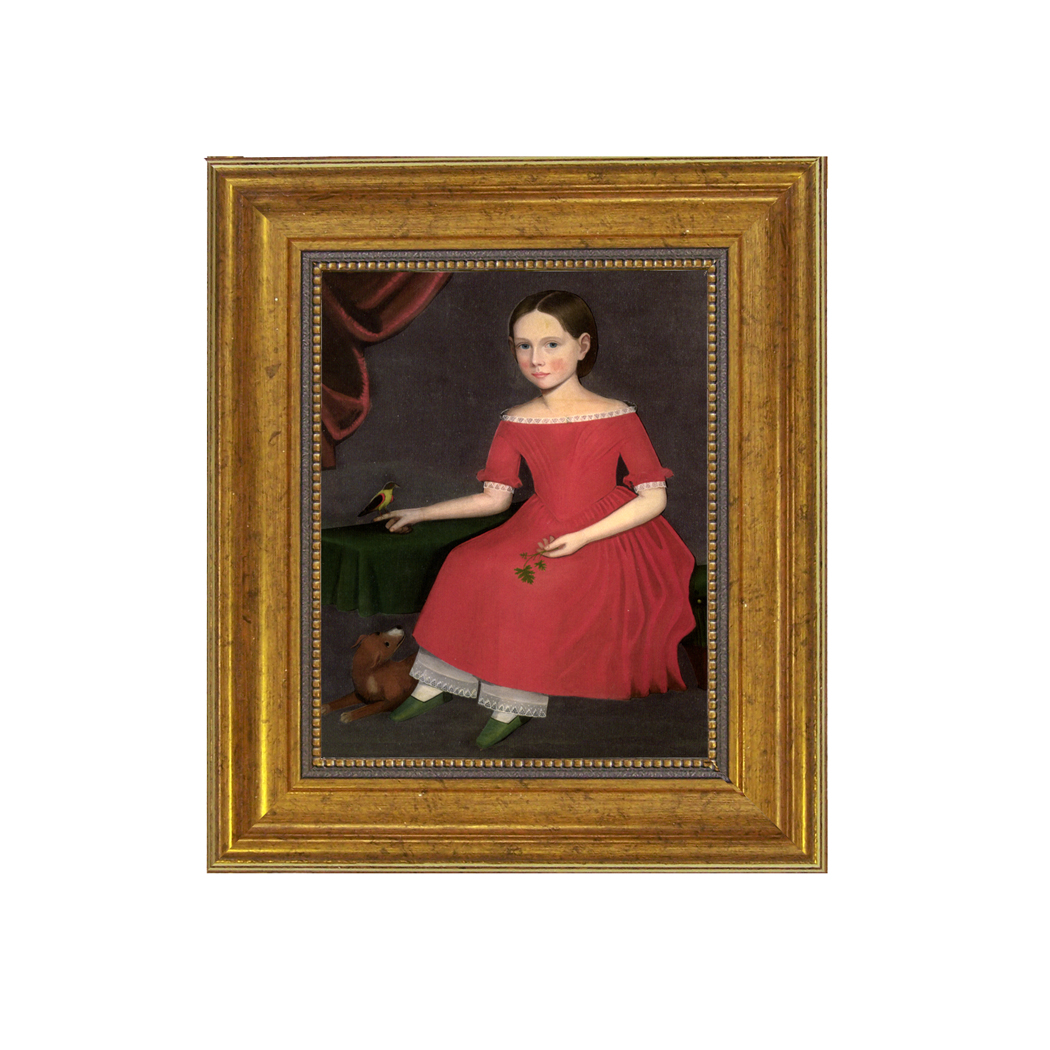 Girl with Dog and Bird Framed Oil Painting Print on Canvas. A 5" x 6" framed to 8-1/2" x 9-1/2".