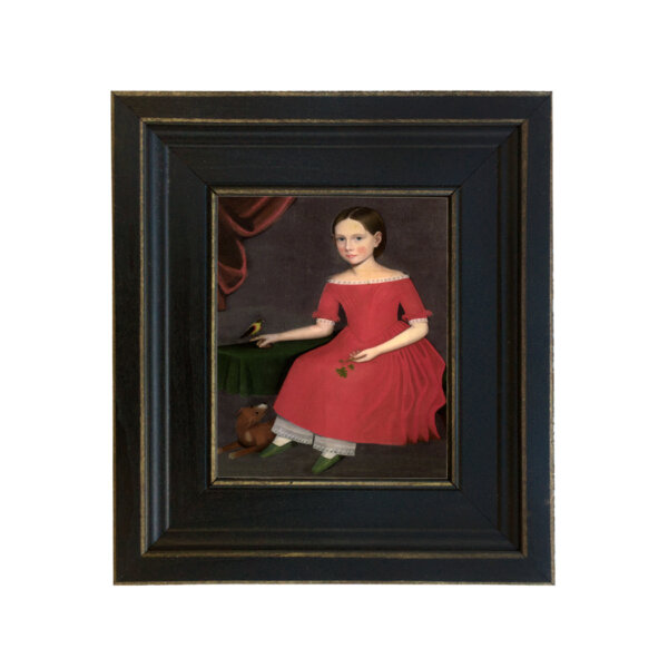 Girl with Dog and Bird Framed Oil Painting Print on Canvas in Distressed Black Wood Frame. A 5 x 6