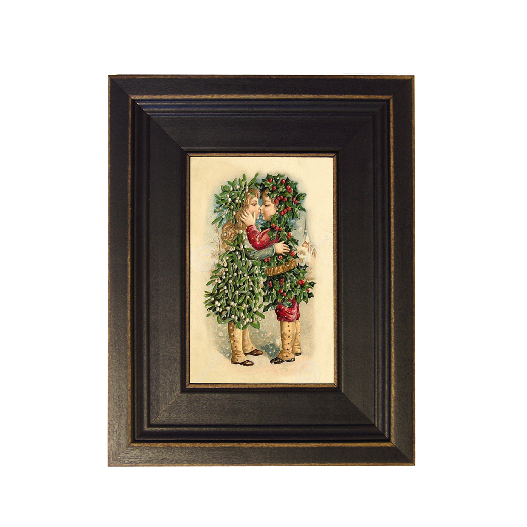 Mistletoe and Holly Christmas Painting Print Reproduction on Canvas in Distressed Black Solid Wood Frame - 7-1/2" x 9-1/2" framed size