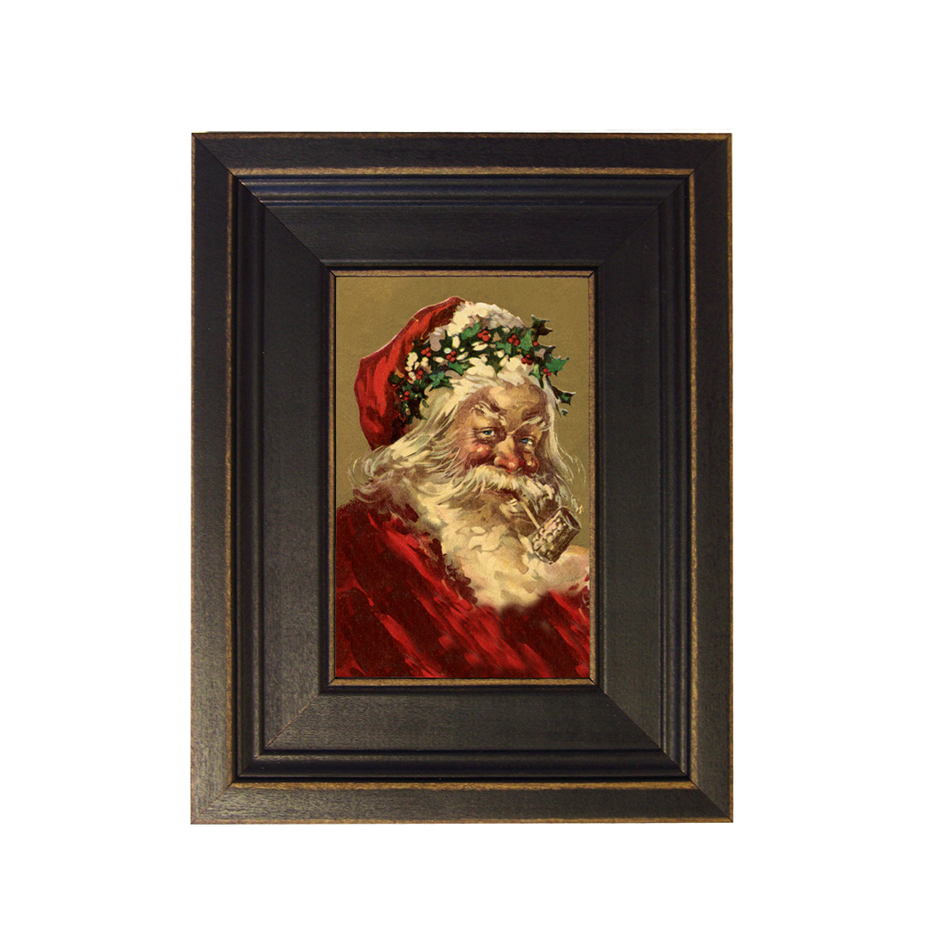 Santa with Corncob Pipe Framed Oil Painting Print on Canvas in Distressed Black Wood Frame. A 4 x 6" framed to 7-1/2 x 9-1/2".