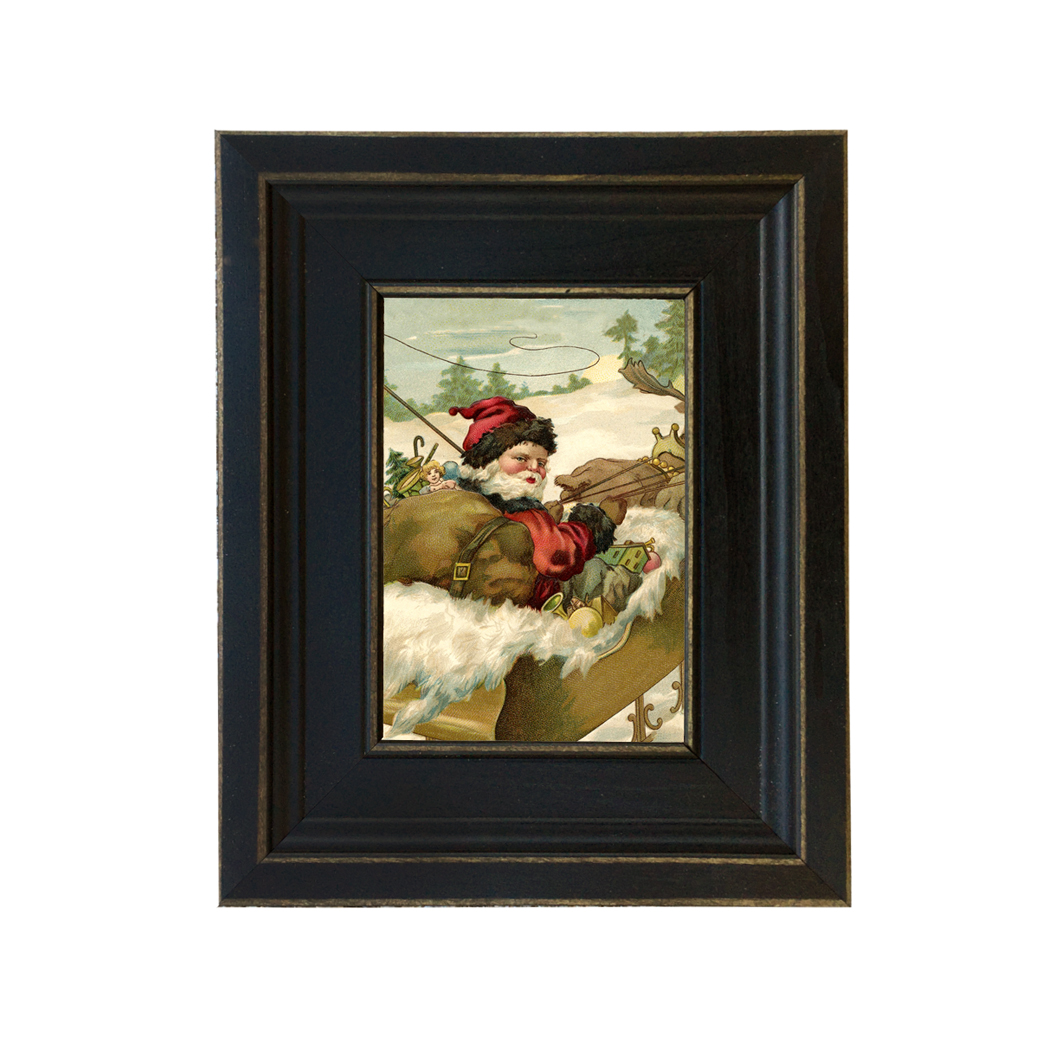 Santa in Sled Framed Oil Painting Print on Canvas in Distressed Black Wood Frame. A 4 x 6" framed to 7-1/2 x 9-1/2".