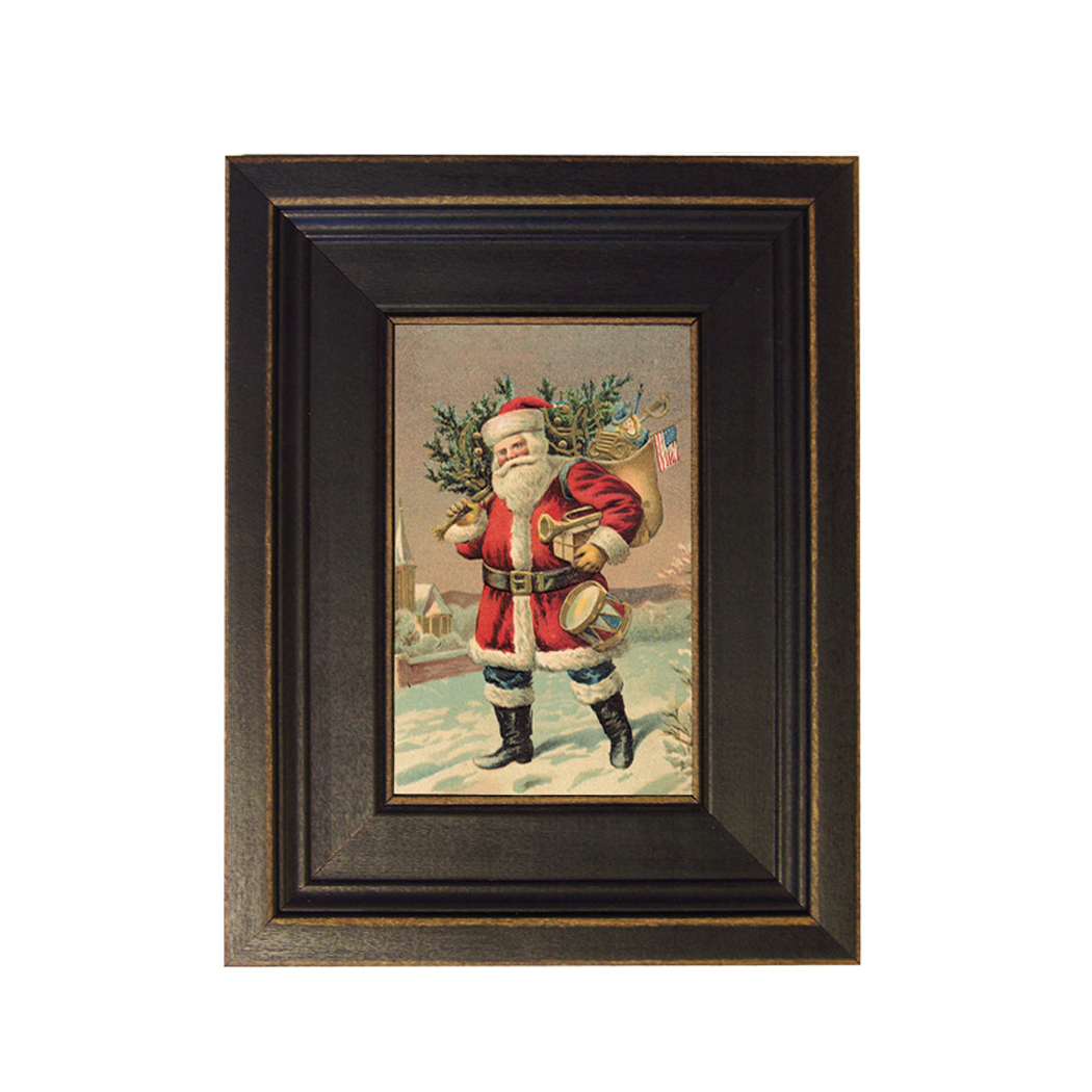 Santa Loaded with Goodies Framed Oil Painting Print on Canvas in Distressed Black Wood Frame. A 4" x 6" framed to 7-1/2" x 9-1/2".