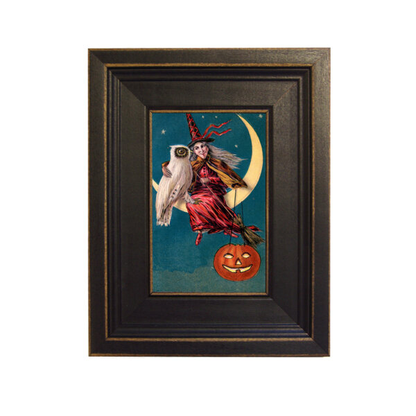 Witch and Owl Framed Oil Painting Print on Canvas in Distressed Black Wood Frame. A 4 x 6