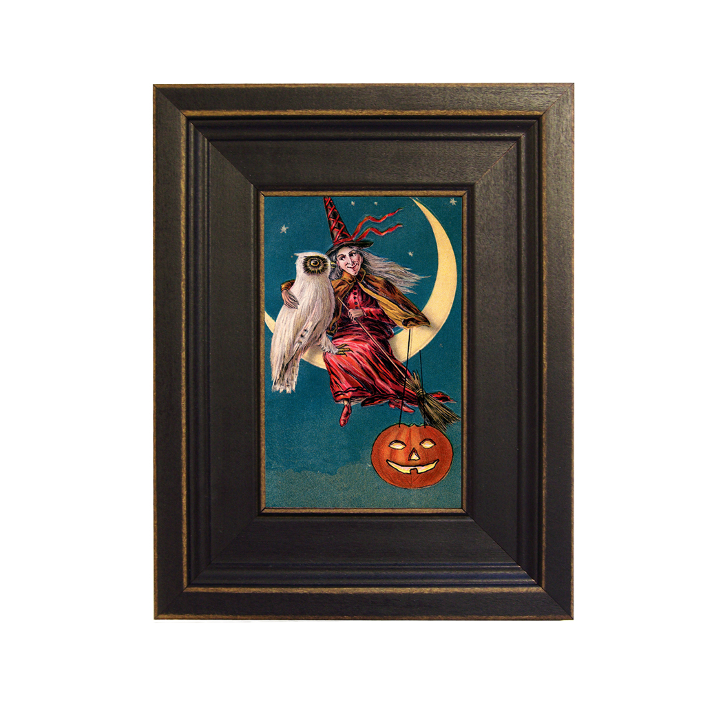 Witch and Owl Framed Oil Painting Print on Canvas in Distressed Black Wood Frame. A 4 x 6" framed to 7-1/2 x 9-1/2".