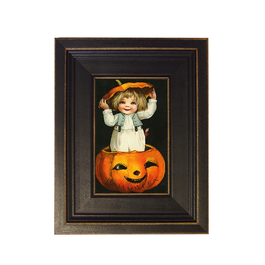 Child in a Pumpkin Framed Oil Painting Print on Canvas in Distressed Black Wood Frame. A 4 x 6" framed to 7-1/2 x 9-1/2".