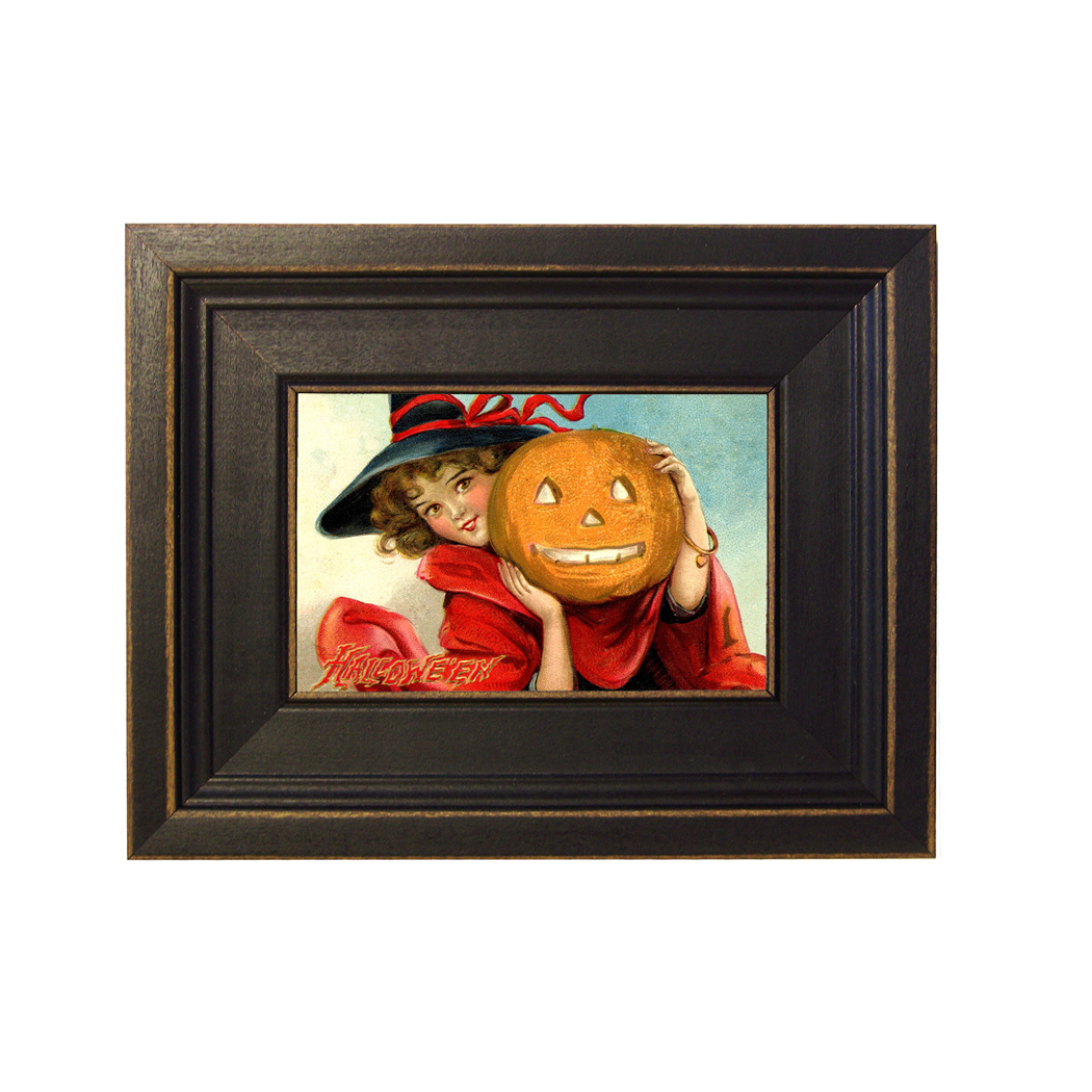 Girl and Pumpkin Framed Oil Painting Print on Canvas in Distressed Black Wood Frame. A 4 x 6" framed to 7-1/2 x 9-1/2".