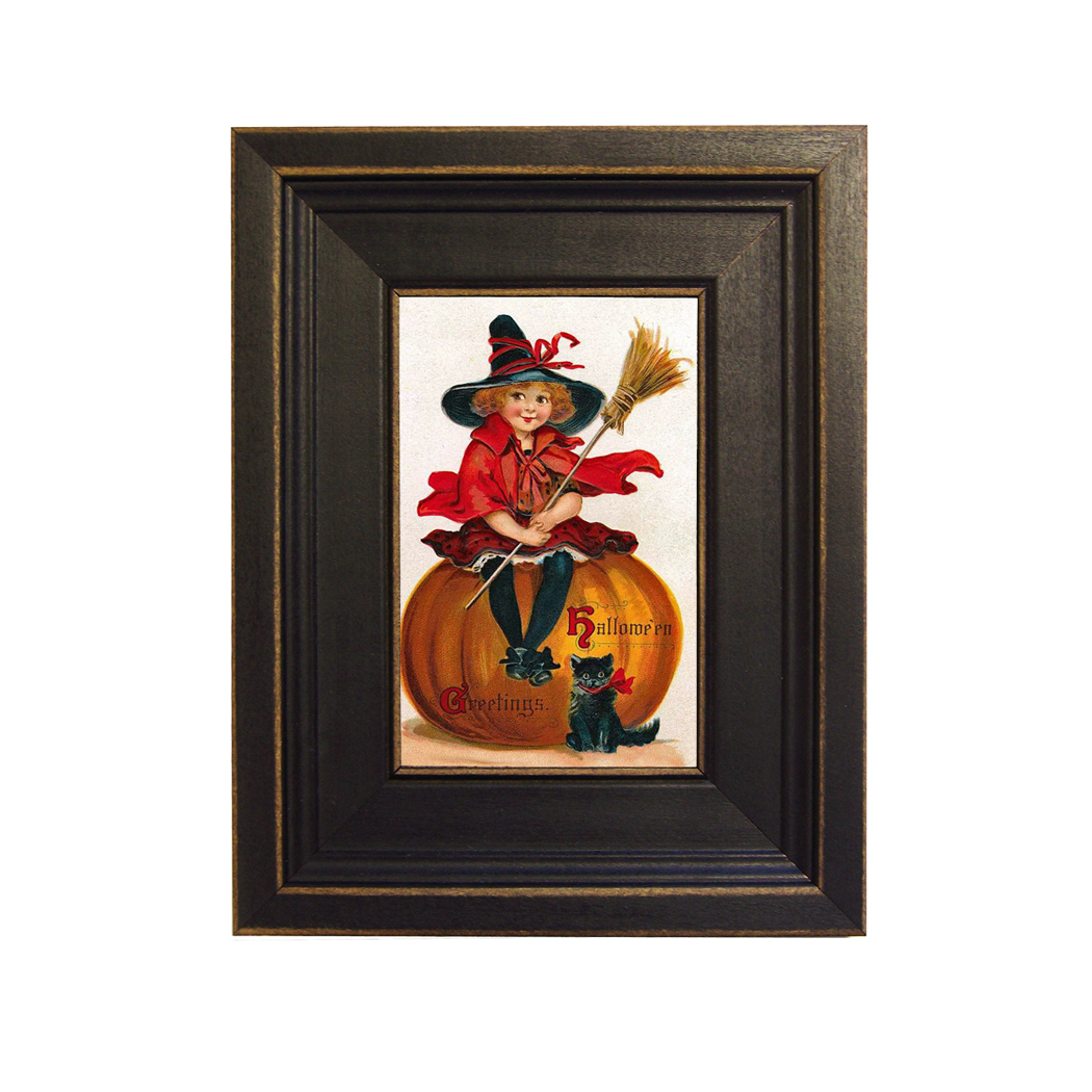 Sitting on a Pumpkin Framed Oil Painting Print on Canvas in Distressed Black Wood Frame. A 4 x 6" framed to 7-1/2 x 9-1/2".