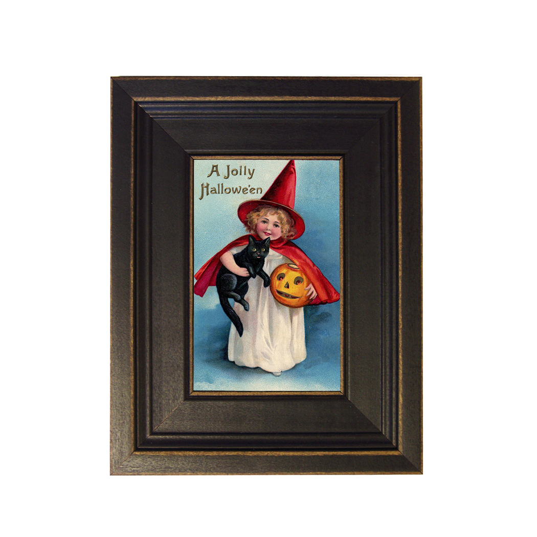 A Jolly Halloween Framed Oil Painting Print on Canvas in Distressed Black Wood Frame. A 4 x 6" framed to 7-1/2 x 9-1/2".