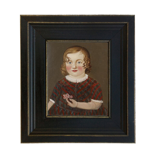 Girl in Red Dress Painting Reproduction Print on Canvas in Distressed Black Solid Wood Frame. A 5