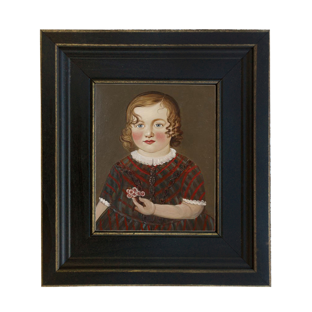 Girl in Red Dress Painting Reproduction Print on Canvas in Distressed Black Solid Wood Frame. A 5" x 6" framed to 8-1/2" x 9-1/2".