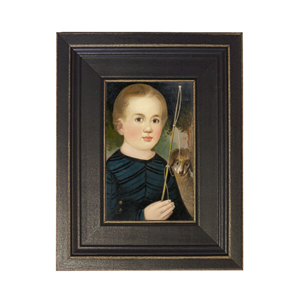 Boy in Blue with Whip Framed Oil Painting Print on Canvas in Distressed Black Wood Frame. A 4 x 6