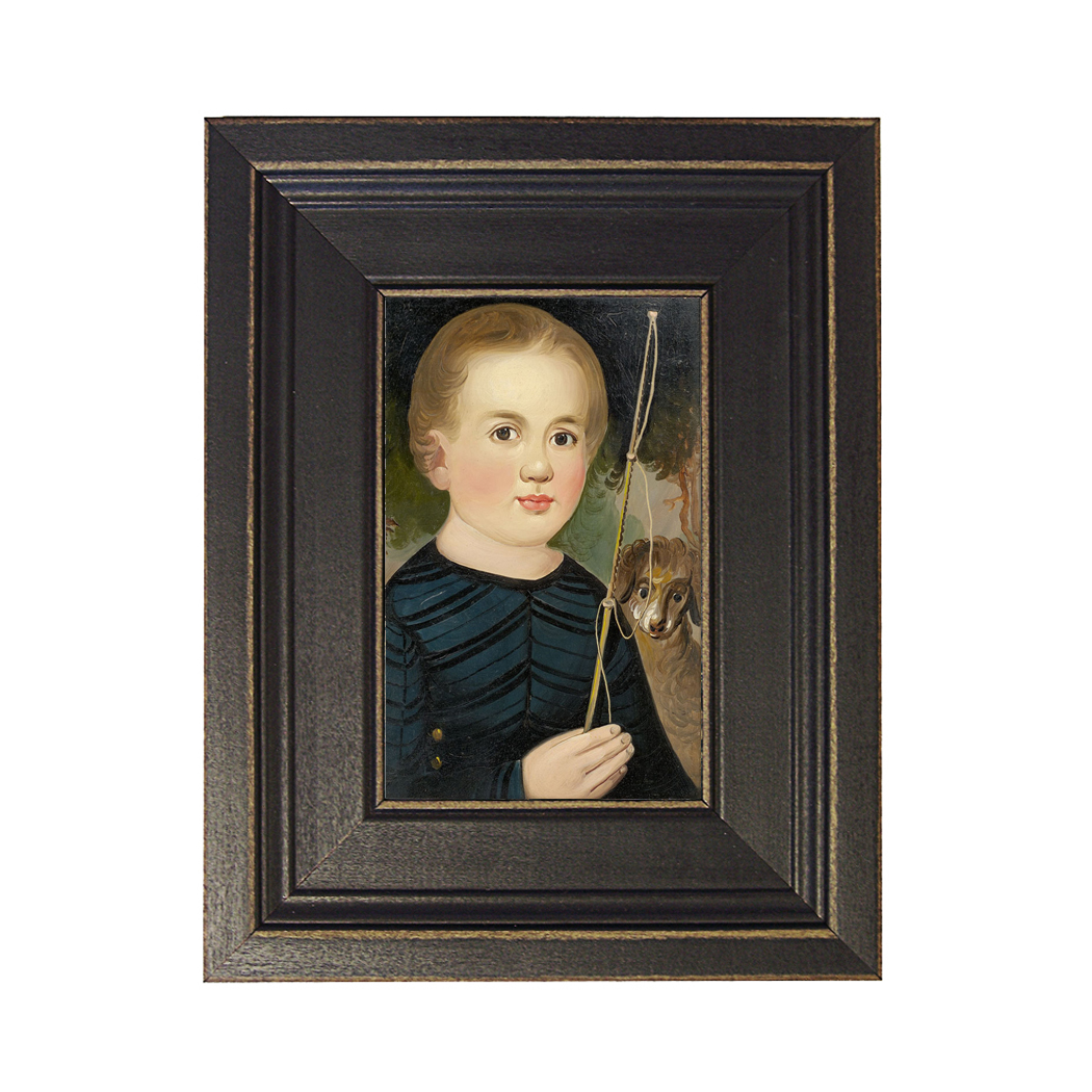 Boy in Blue with Whip Framed Oil Painting Print on Canvas in Distressed Black Wood Frame. A 4 x 6" framed to 7-1/2 x 9-1/2".