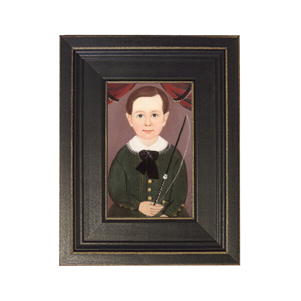 Boy in Green with Whip Framed Oil Painting Print on Canvas in Distressed Black Wood Frame. A 4 x 6
