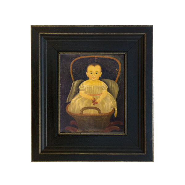 Baby in Cradle Framed Oil Painting Print on Canvas in Distressed Black Wood Frame. A 5 x 6