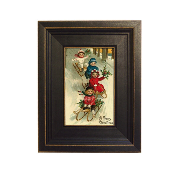 Victorian Children Christmas Sledding Framed Painting Print on Canvas in Distressed Black Wood Frame. A 4 x 6