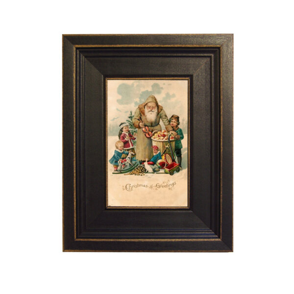 Victorian Santa and Children Framed Painting Print on Canvas in Distressed Black Wood Frame. A 4 x 6