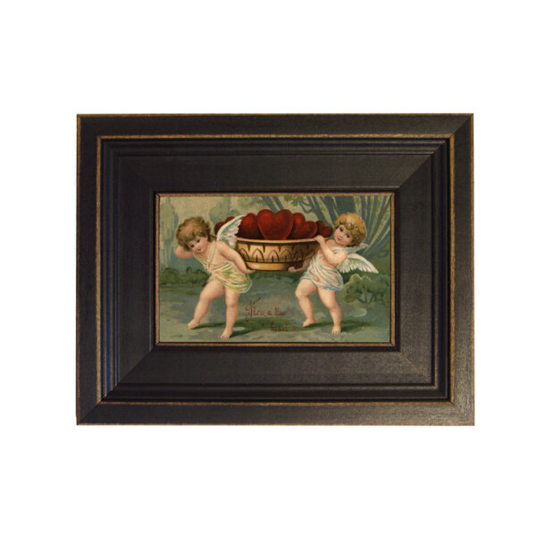 Angels with Bowl of Hearts Valentine's Framed Oil Painting Print on Canvas in Distressed Black Wood Frame. A 4 x 6