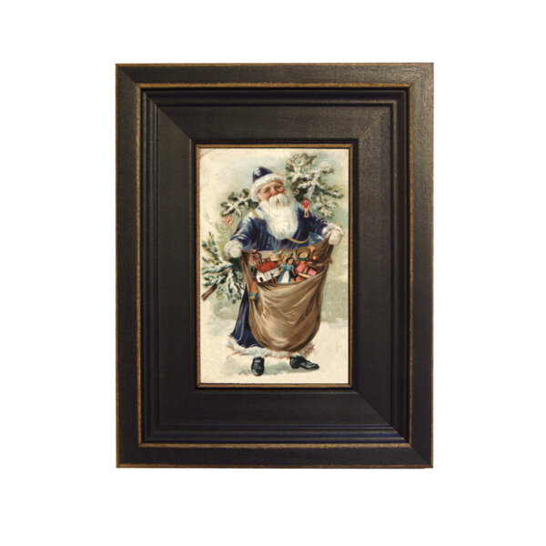 Santa with Bag of Toys Framed Oil Painting Print on Canvas in Distressed Black Wood Frame. A 4 x 6