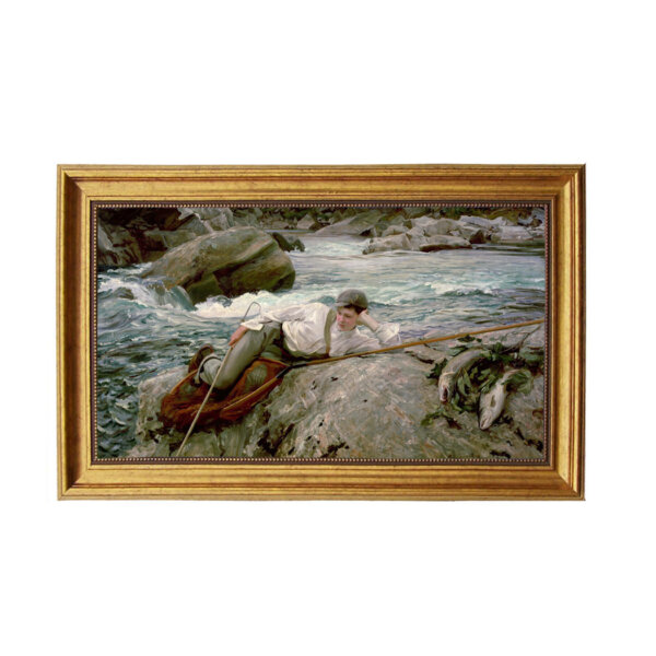Boy with His Catch Fly Fishing Framed Oil Painting Print on Canvas in Antiqued Gold Frame. An 11