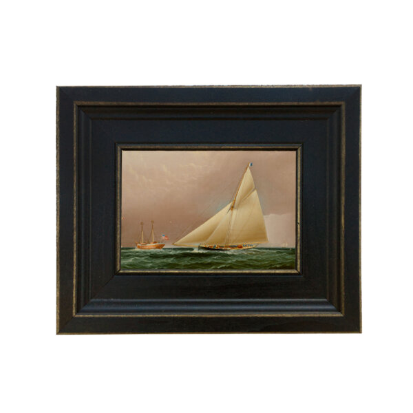Rounding Sandy Hook Lightship Framed Oil Painting Print on Canvas in Distressed Black Wood Frame. A 4 x 6