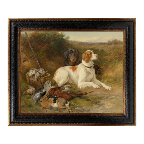 Hunting Dogs Framed Oil Painting Print on Canvas in Leather-Look Black and Antiqued Gold Frame. A 16x20