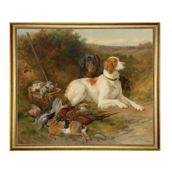 Hunting Dogs Framed Oil Painting Print on Canvas in Distressed Black Wood Frame. A 23-1/2 x 29-1/2