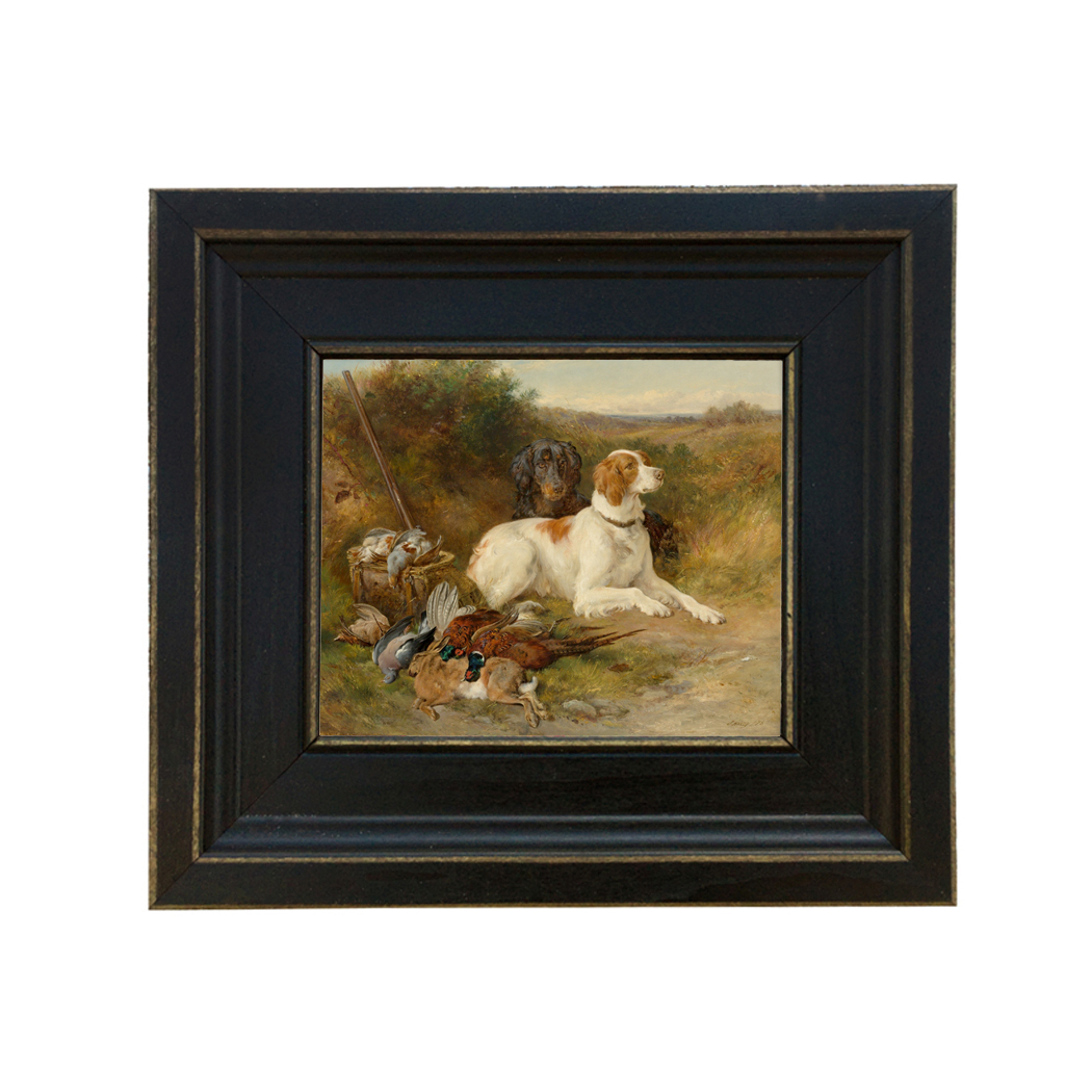 Hunting Dogs Framed Oil Painting Print on Canvas in Distressed Black Wood Frame. A 5 x 6" framed to 8-1/2 x 9-1/2".